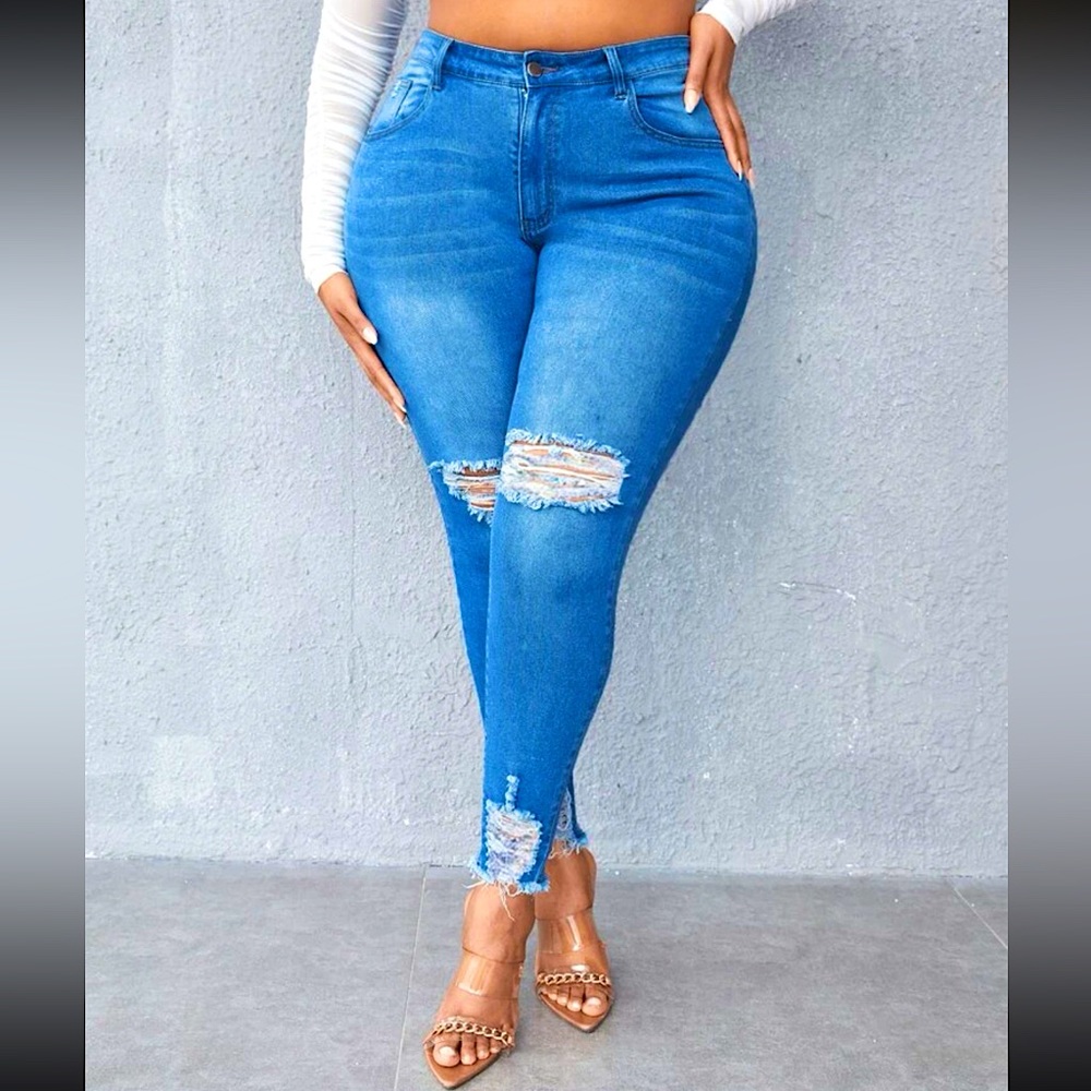 NWT Plus Size SHEIN SXY Plus High Waist Ripped Raw Trim Skinny Jeans